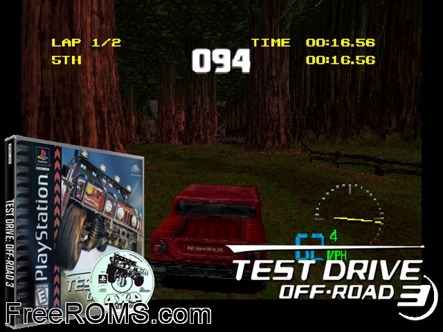 Test Drive Off-Road 3 PSX game showing 3D box cover and gameplay screenshot
