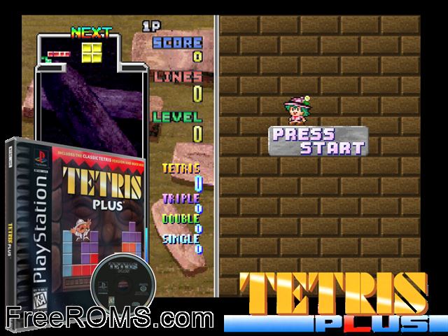 Tetris Plus PSX game showing 3D box cover and gameplay screenshot