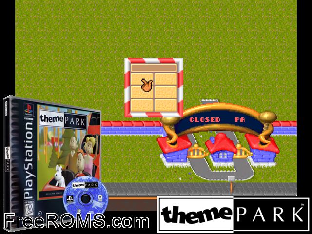 Theme Park PSX game showing 3D box cover and gameplay screenshot