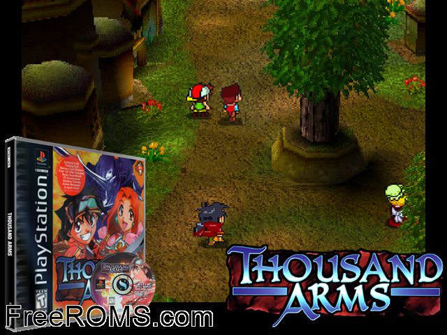 Thousand Arms (Disc 1) PSX game showing 3D box cover and gameplay screenshot