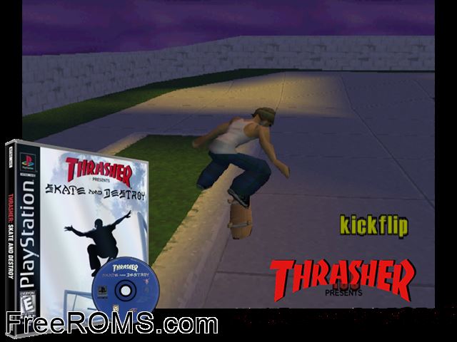 Thrasher - Skate and Destroy PSX game showing 3D box cover and gameplay screenshot