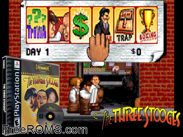 Three Stooges, The PSX game showing 3D box cover and gameplay screenshot