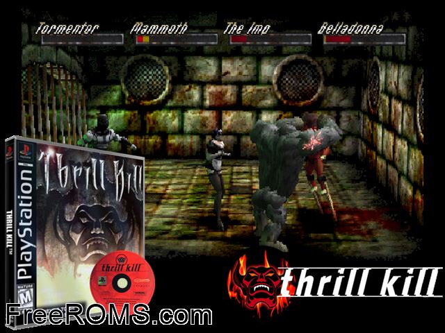 Thrill Kill PSX game showing 3D box cover and gameplay screenshot