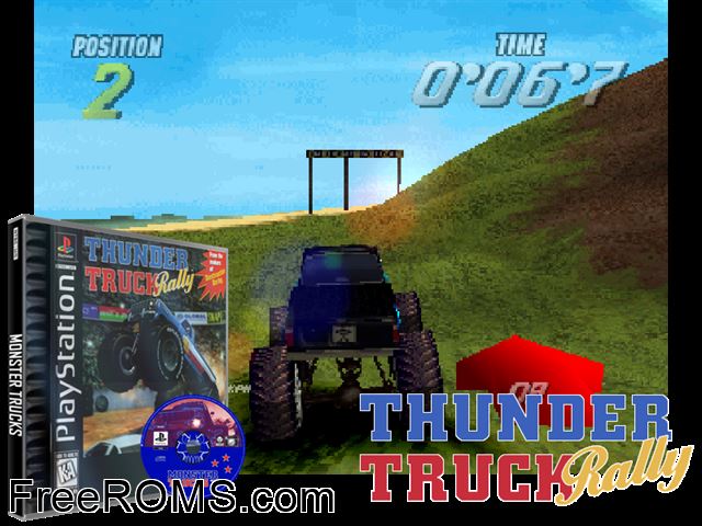 Thunder Truck Rally PSX game showing 3D box cover and gameplay screenshot