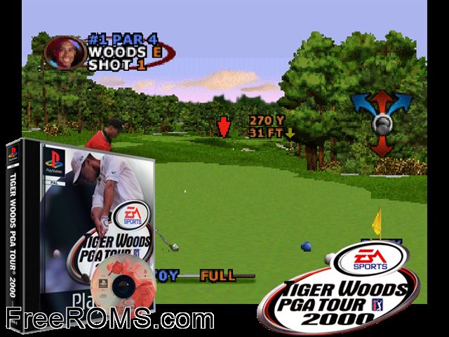 Tiger Woods PGA Tour 2000 PSX game showing 3D box cover and gameplay screenshot