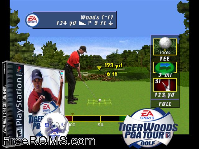Tiger Woods PGA Tour Golf PSX game showing 3D box cover and gameplay screenshot