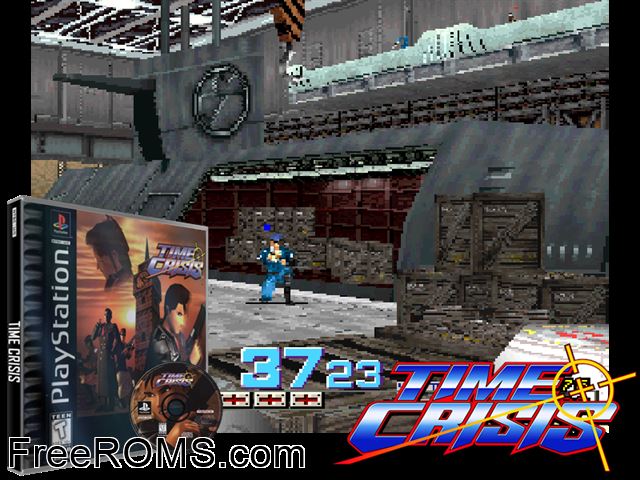 Time Crisis PSX game showing 3D box cover and gameplay screenshot