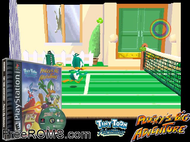 Tiny Toon Adventures - Pluckys Big Adventure PSX game showing 3D box cover and gameplay screenshot