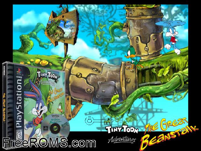 Tiny Toon Adventures - The Great Beanstalk PSX game showing 3D box cover and gameplay screenshot
