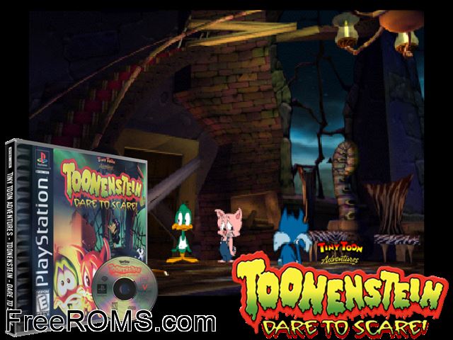 Tiny Toon Adventures - Toonenstein - Dare To Scare! PSX game showing 3D box cover and gameplay screenshot