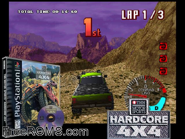 TNN Hardcore 4x4 PSX game showing 3D box cover and gameplay screenshot