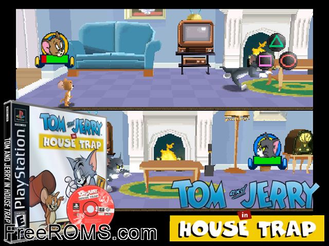 Tom and Jerry - House Trap PSX game showing 3D box cover and gameplay screenshot