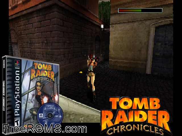 Tomb Raider Chronicles PSX game showing 3D box cover and gameplay screenshot