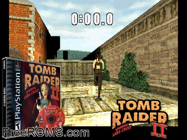 Tomb Raider II - Starring Lara Croft (v1.0) PSX game showing 3D box cover and gameplay screenshot