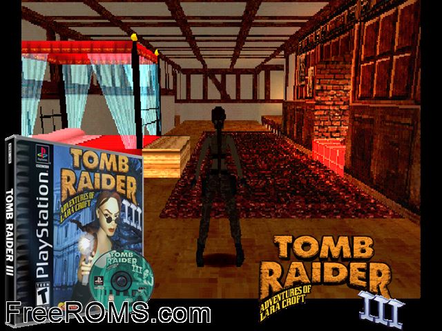 Tomb Raider III - Adventures Of Lara Croft PSX game showing 3D box cover and gameplay screenshot