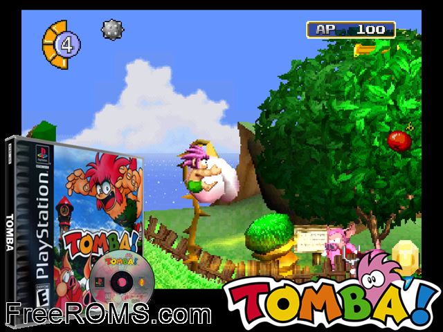 Tomba! PSX game showing 3D box cover and gameplay screenshot
