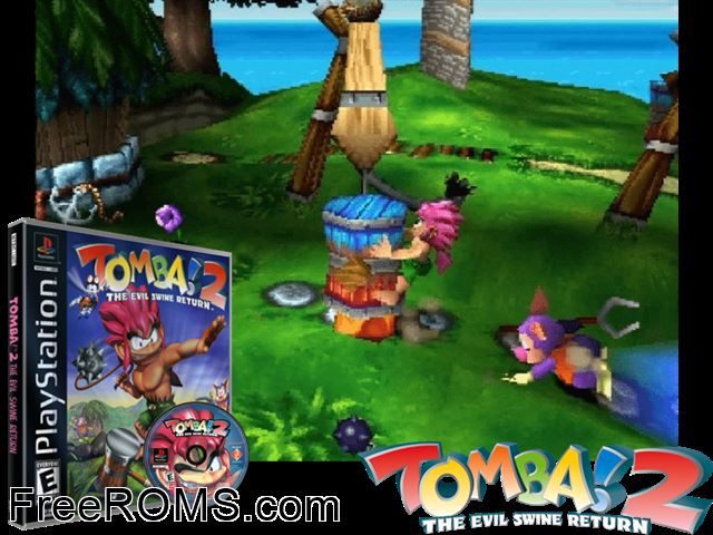 Tomba! 2 - The Evil Swine Returns PSX game showing 3D box cover and gameplay screenshot