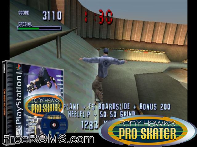Tony Hawks Pro Skater PSX game showing 3D box cover and gameplay screenshot