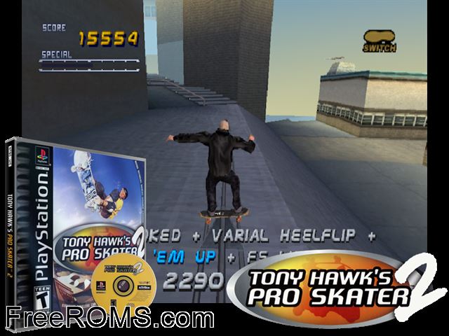 Tony Hawks Pro Skater 2 PSX game showing 3D box cover and gameplay screenshot