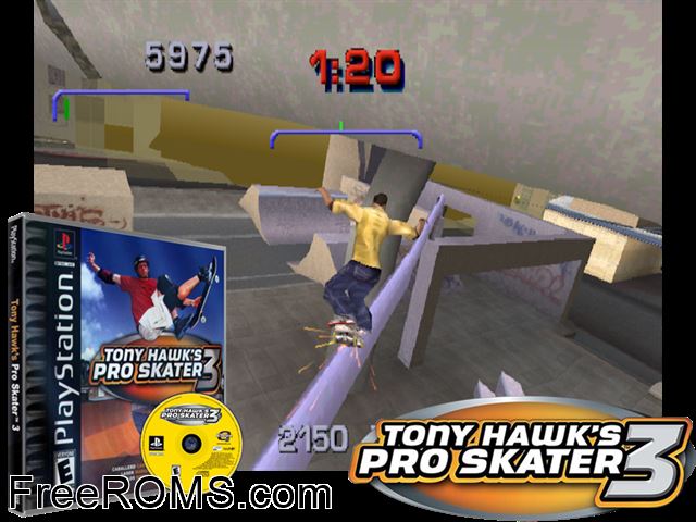 Tony Hawks Pro Skater 3 PSX game showing 3D box cover and gameplay screenshot