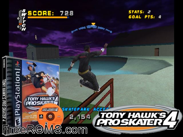 Tony Hawks Pro Skater 4 PSX game showing 3D box cover and gameplay screenshot