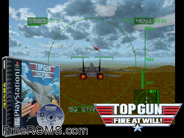Top Gun - Fire at Will PSX game showing 3D box cover and gameplay screenshot