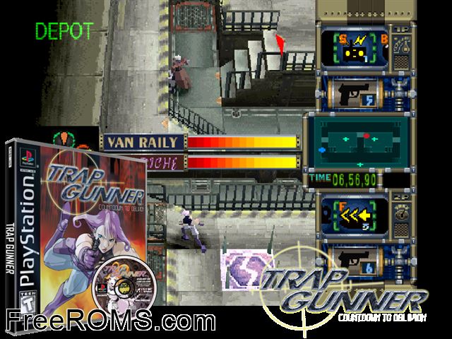 Trap Gunner PSX game showing 3D box cover and gameplay screenshot