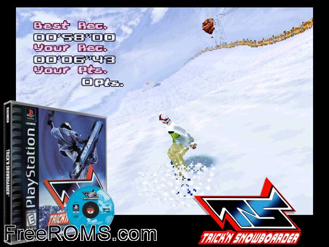 Trick'n Snowboarder PSX game showing 3D box cover and gameplay screenshot