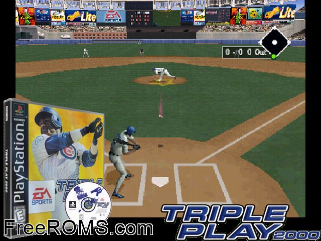 Triple Play 2000 PSX game showing 3D box cover and gameplay screenshot