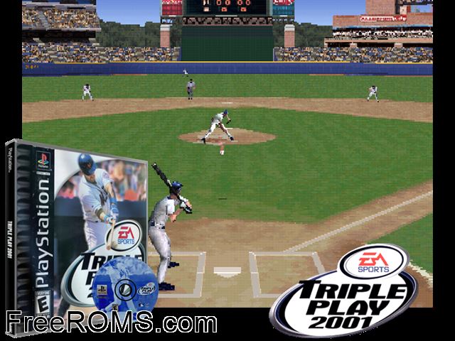 Triple Play 2001 PSX game showing 3D box cover and gameplay screenshot