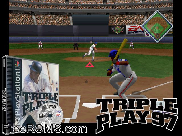 Triple Play 97 PSX game showing 3D box cover and gameplay screenshot