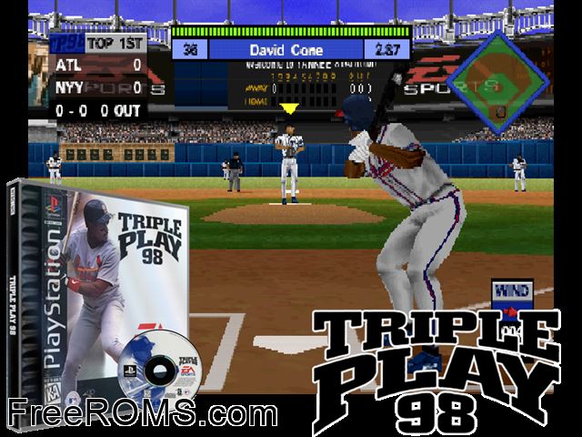 Triple Play 98 PSX game showing 3D box cover and gameplay screenshot