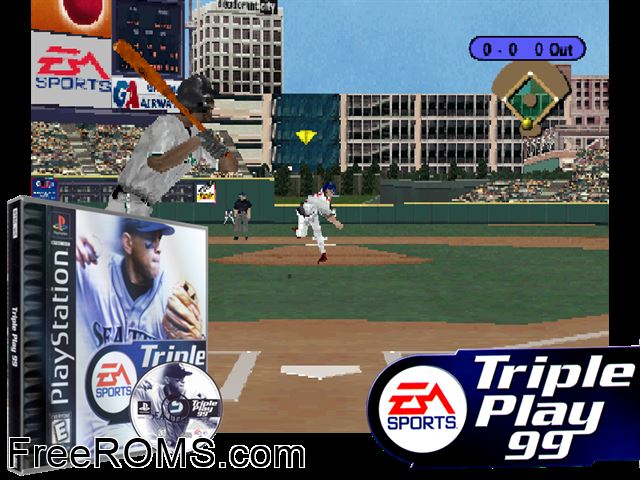 Triple Play '99 PSX game showing 3D box cover and gameplay screenshot