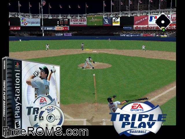 Triple Play Baseball PSX game showing 3D box cover and gameplay screenshot