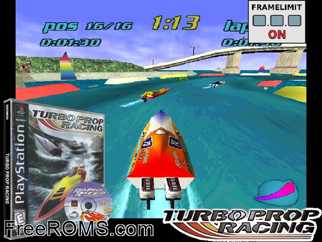 Turbo Prop Racing PSX game showing 3D box cover and gameplay screenshot