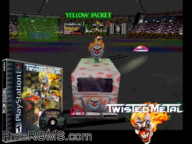 Twisted Metal PSX game showing 3D box cover and gameplay screenshot