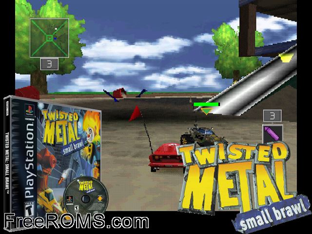 Twisted Metal - Small Brawl PSX game showing 3D box cover and gameplay screenshot
