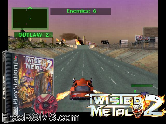 Twisted Metal 2 PSX game showing 3D box cover and gameplay screenshot