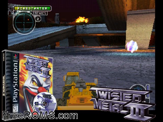 Twisted Metal 3 (v1.1) PSX game showing 3D box cover and gameplay screenshot