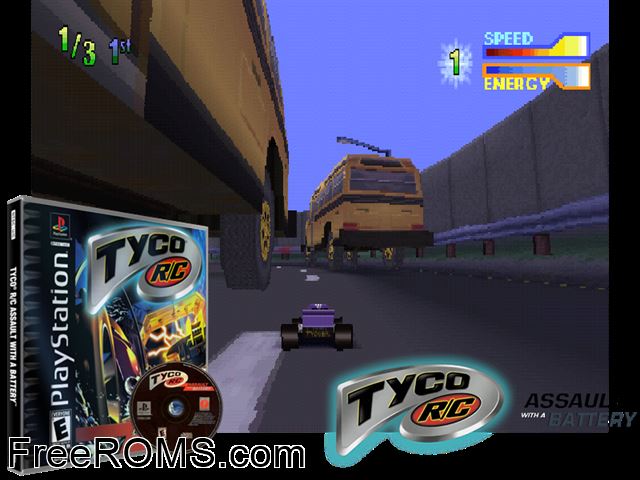 Tyco RC Assault with a Battery PSX game showing 3D box cover and gameplay screenshot