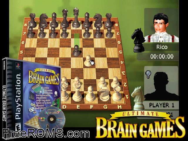 Ultimate Brain Games PSX game showing 3D box cover and gameplay screenshot