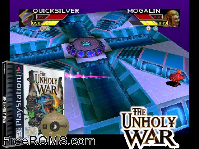 Unholy War, The PSX game showing 3D box cover and gameplay screenshot