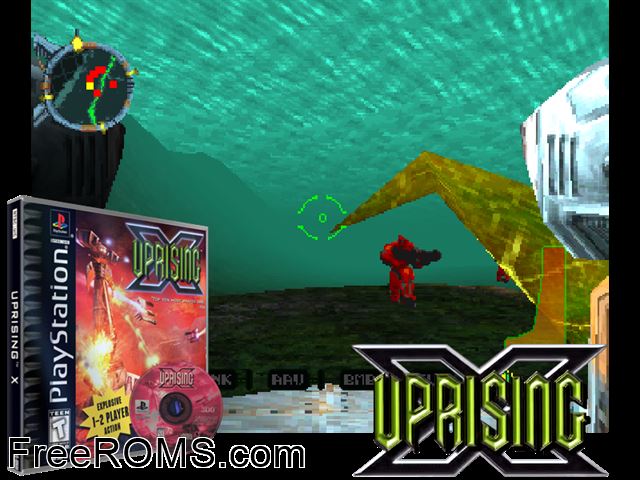 Uprising X PSX game showing 3D box cover and gameplay screenshot