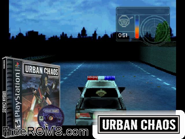 Urban Chaos PSX game showing 3D box cover and gameplay screenshot