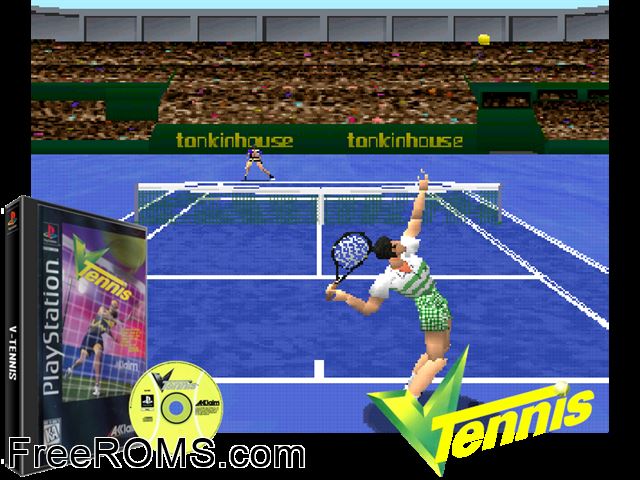 V-Tennis PSX game showing 3D box cover and gameplay screenshot