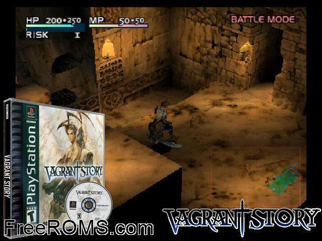 Vagrant Story PSX game showing 3D box cover and gameplay screenshot