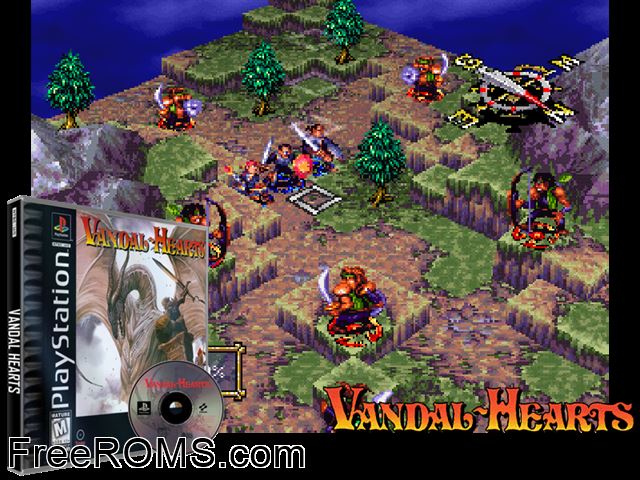Vandal Hearts PSX game showing 3D box cover and gameplay screenshot