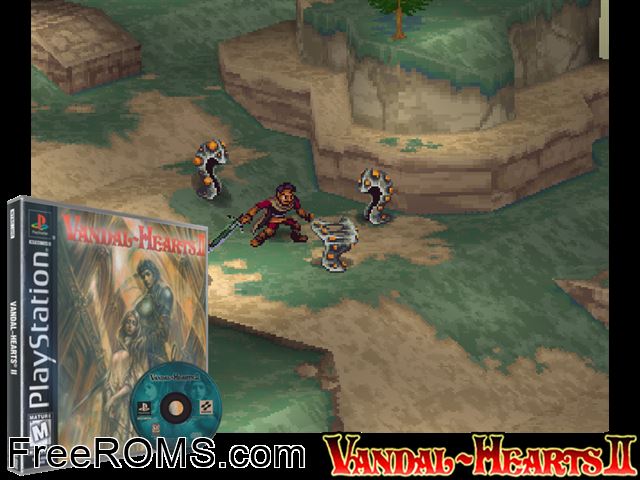 Vandal Hearts II (v1.1) PSX game showing 3D box cover and gameplay screenshot