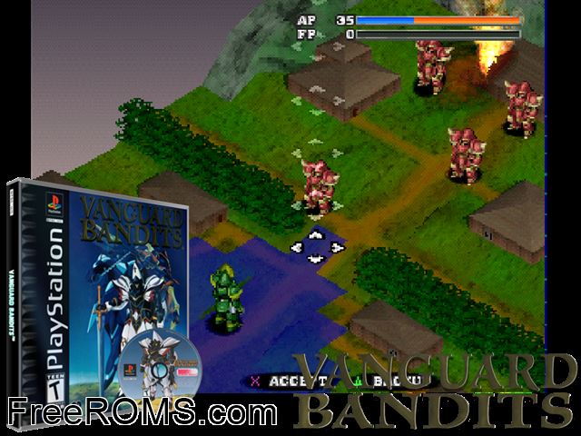 Vanguard Bandits PSX game showing 3D box cover and gameplay screenshot