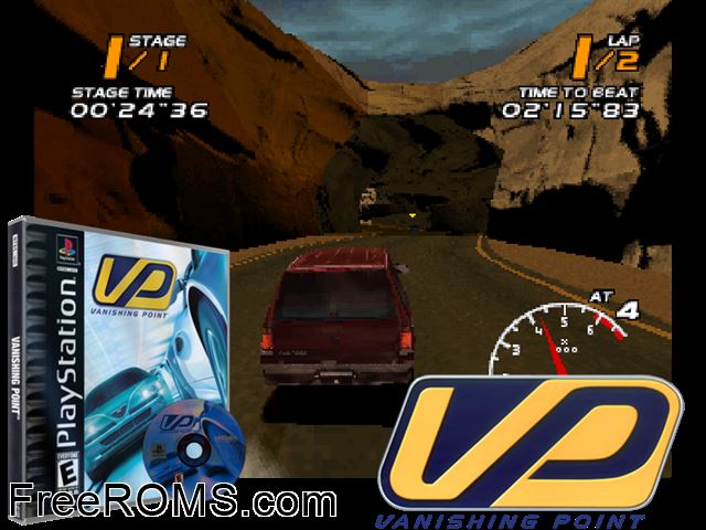 Vanishing Point PSX game showing 3D box cover and gameplay screenshot